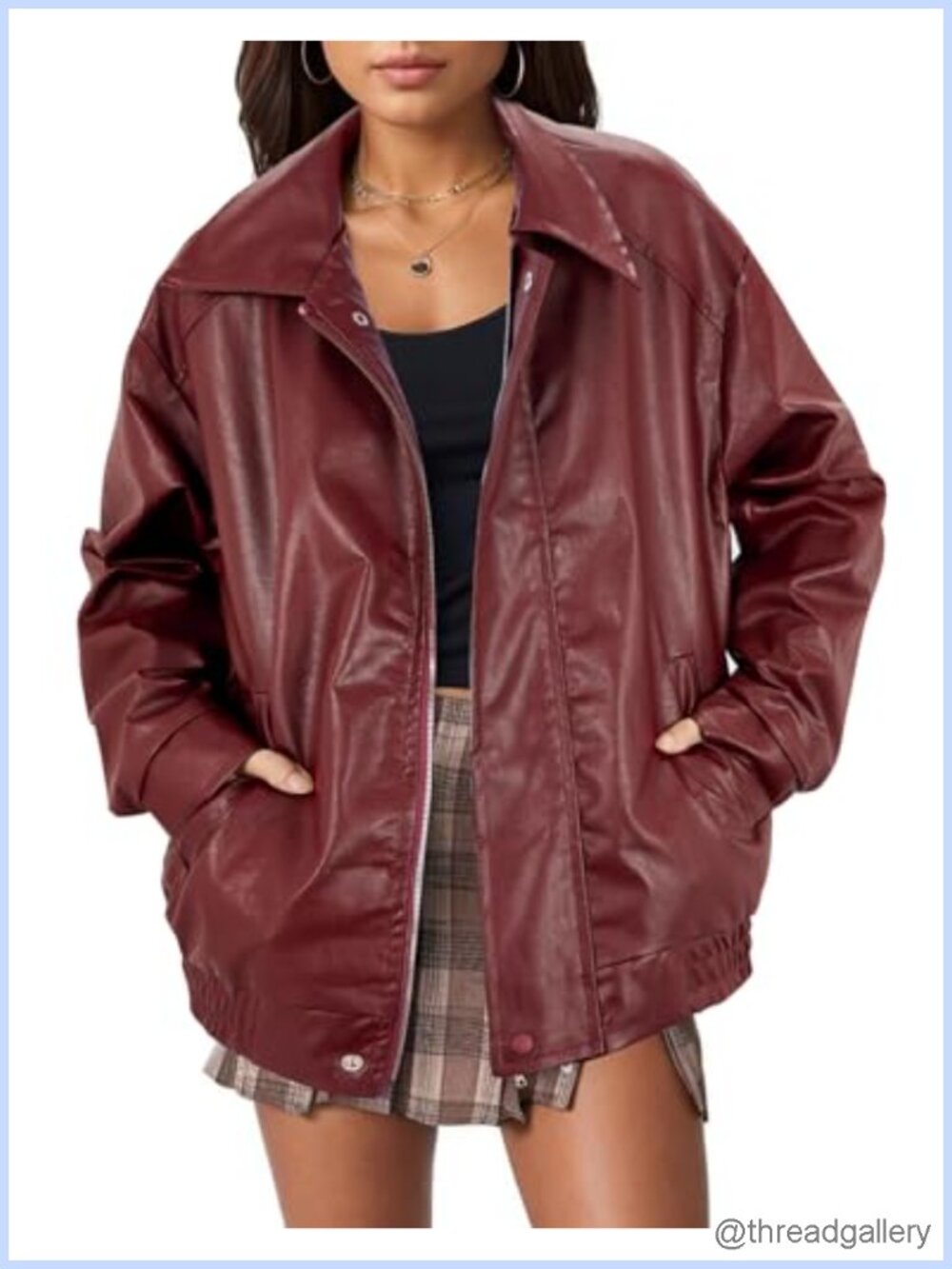 Women's Faux Leather Moto Bomber Jacket Oversized Zip Up Long Sleeve